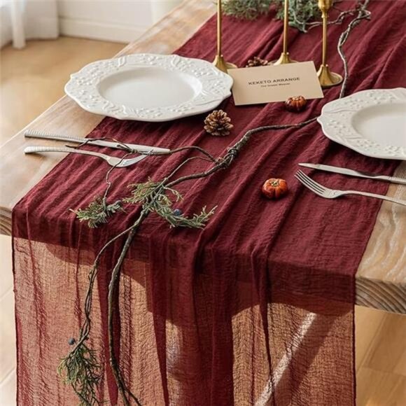 Burgundy Christmas Table Runner Decor Red Cheesecloth Gauze 120 Inch 10FT Rustic - Picture 7 of 7